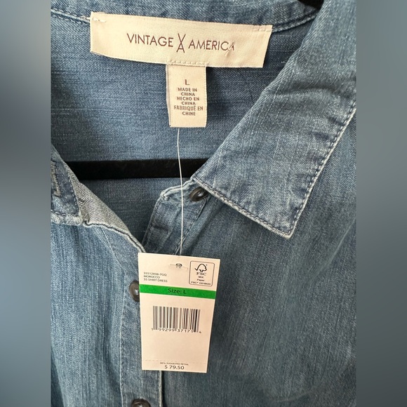 Vintage X America Sz L Blue Denim 100% Cotton Shirt Dress Tie Waist Button Up - Picture 3 of 6